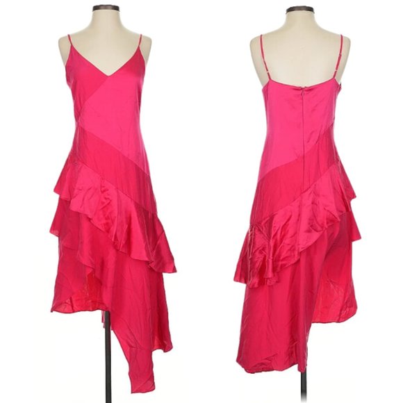 Parker Midi Dress Hot Pink 100% Silk Satin Ruffles - Picture 2 of 3
